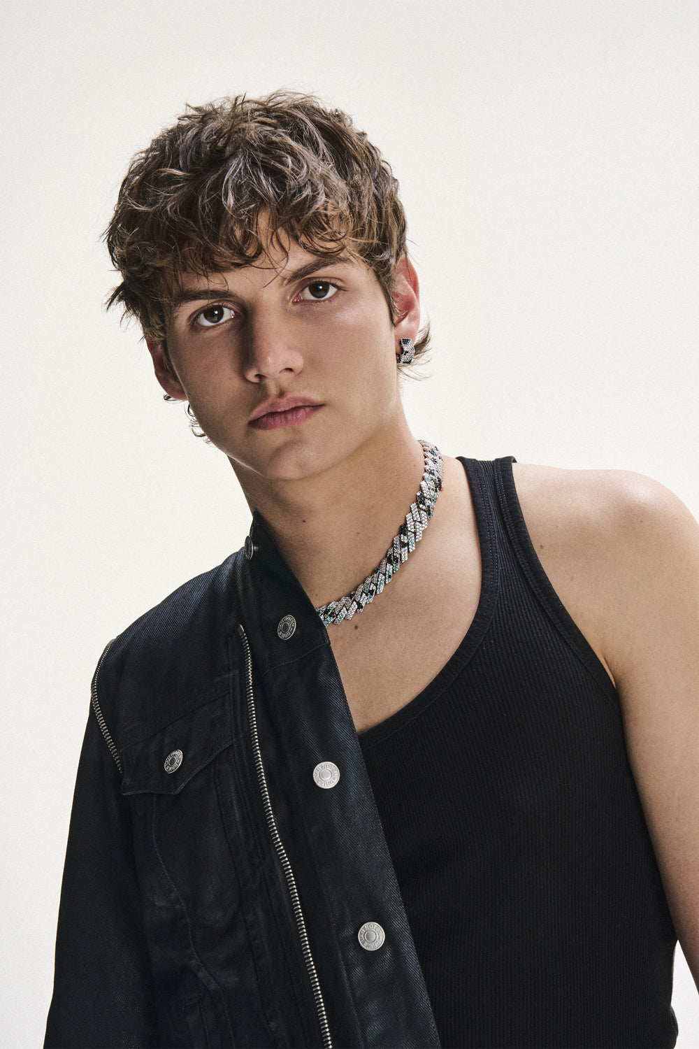 DARKAI Camo Prong Pave Necklace and Earrings on Male Model