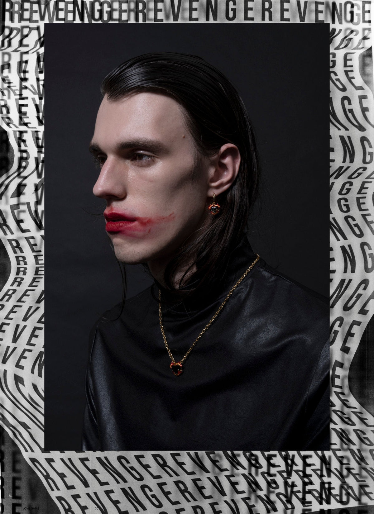 DARKAI Outer World Lookbook SS23 Man wearing black heart pendant necklace