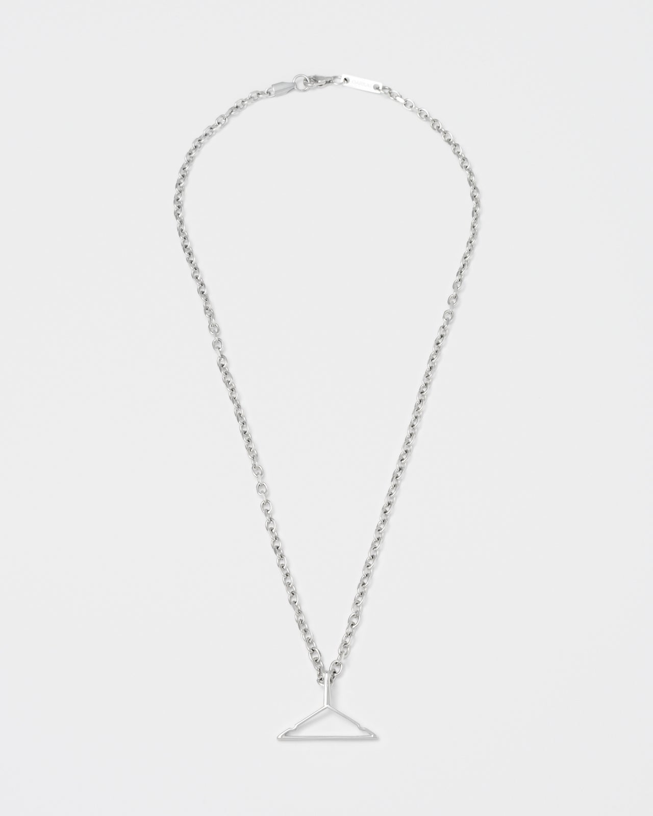 Hanger pendant necklace with 18kt white gold coating and lasered logo and details.