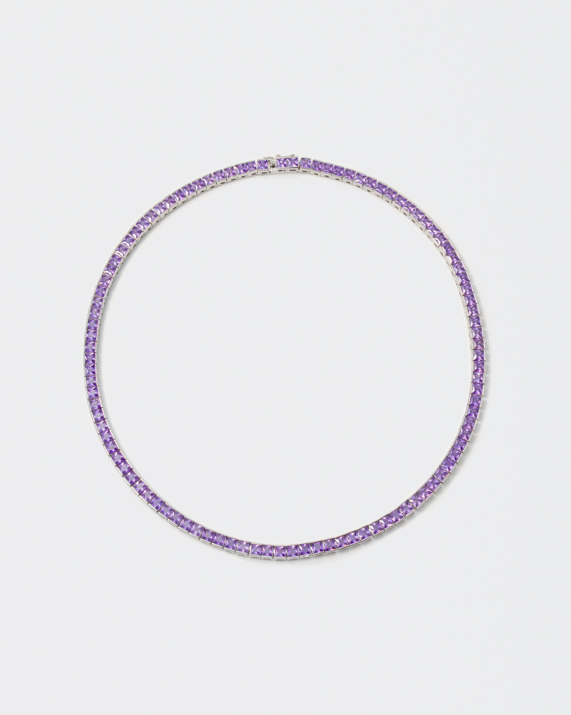 18k white gold coated tennis chain necklace with hand-set princess-cut stones in amethyst purple