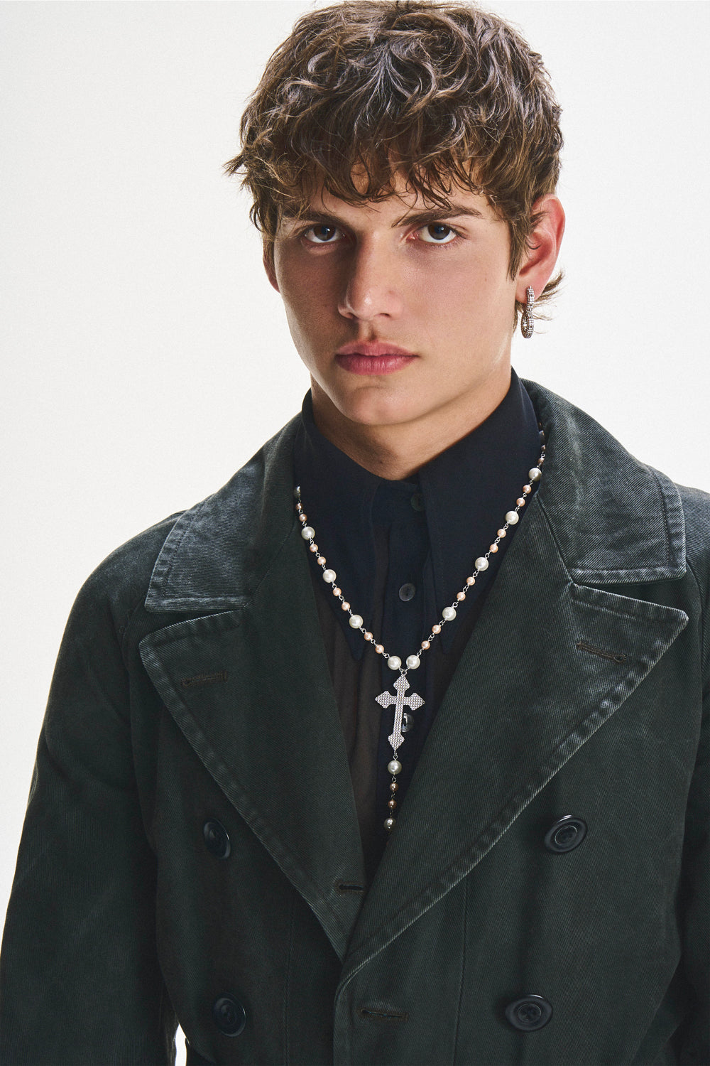 DARKAI Pearls and Cross Rosary Necklace on Male Model