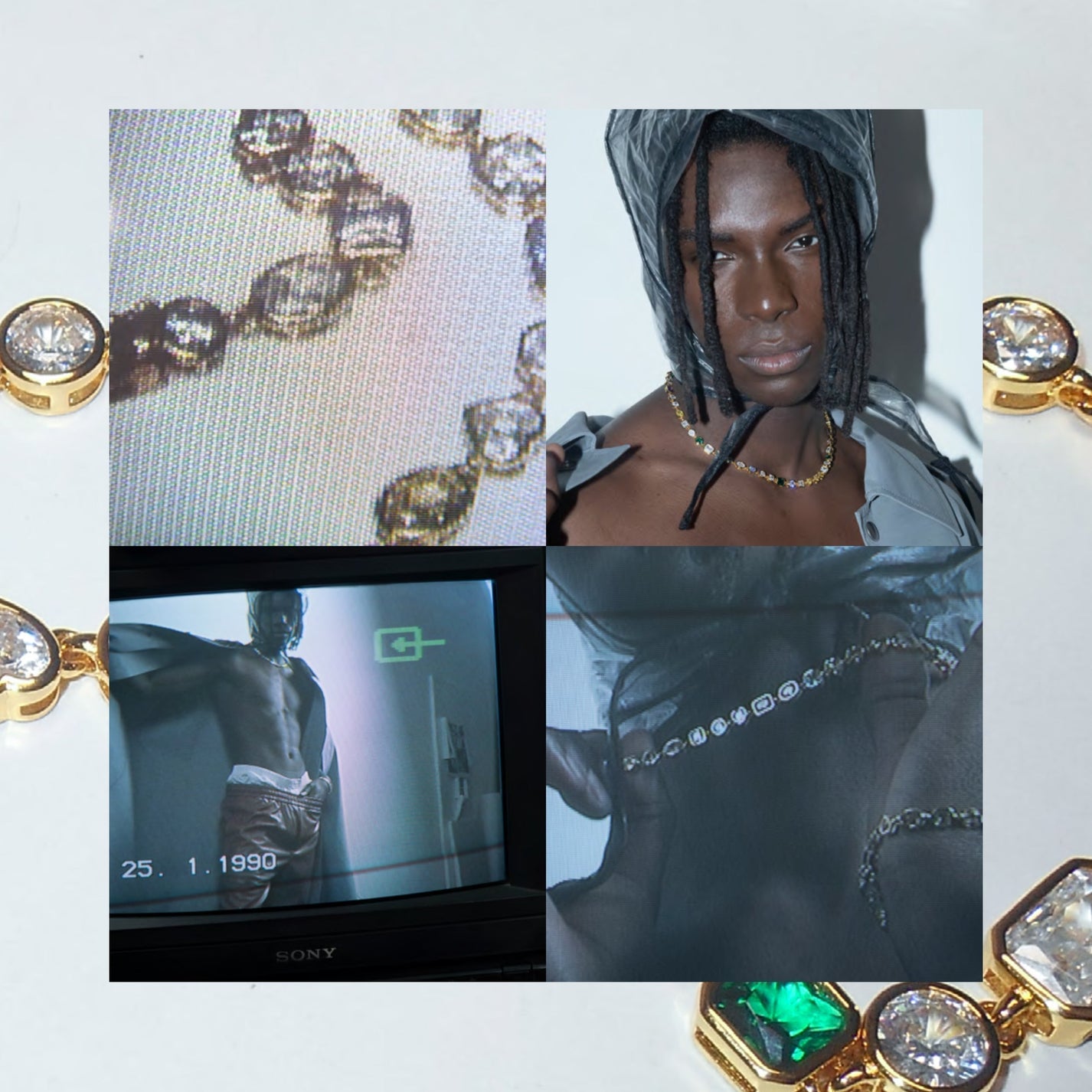 DARKAI 90s Kids Lookbook FW23 Man wearing mixed feelings necklace with vintage tv