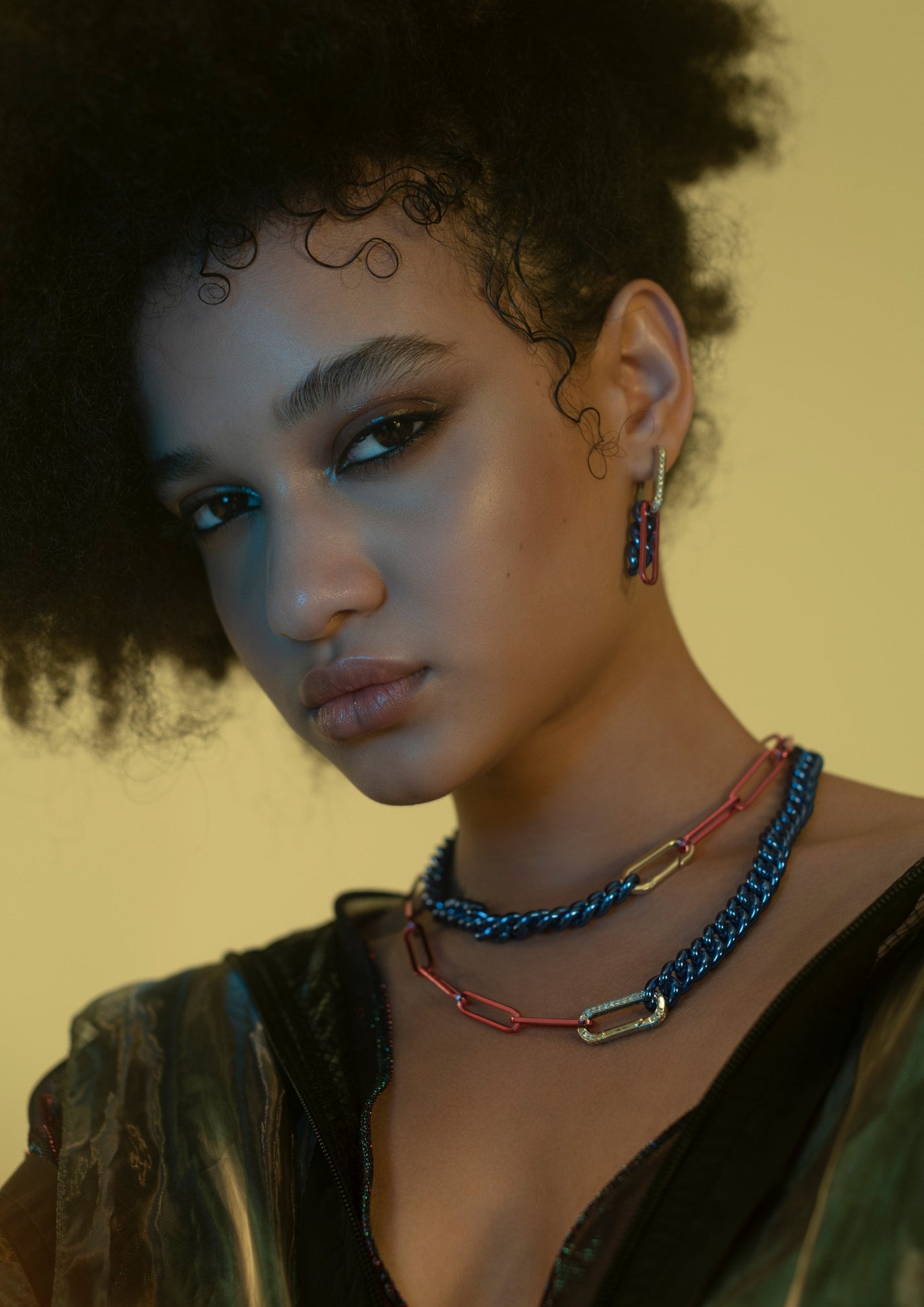 DARKAI Raw Energy Lookbook SS22 Woman wearing gold chain necklaces