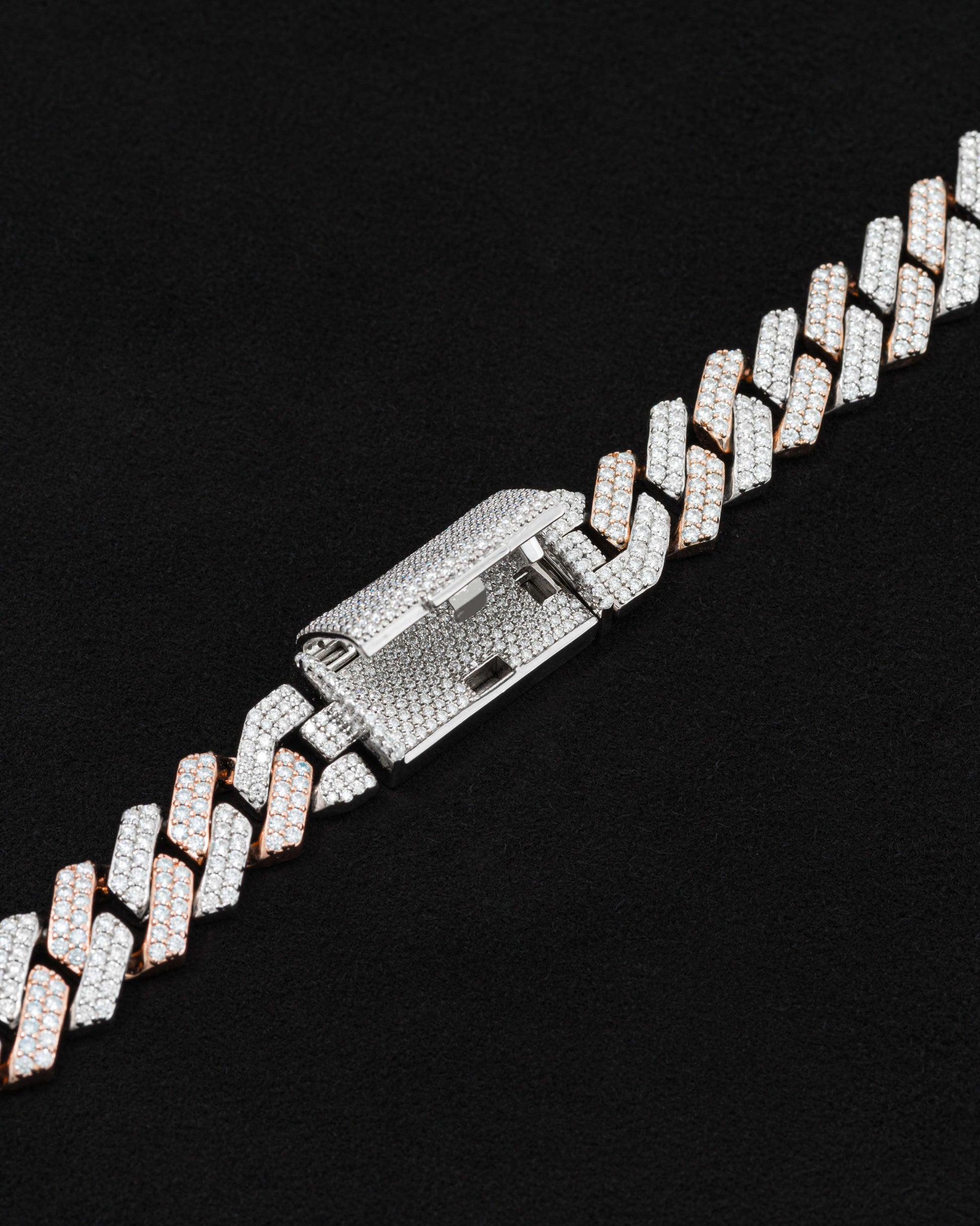 detail of 18 carats white and rose solid gold and silver bracelet with natural diamonds and moissanite diamonds