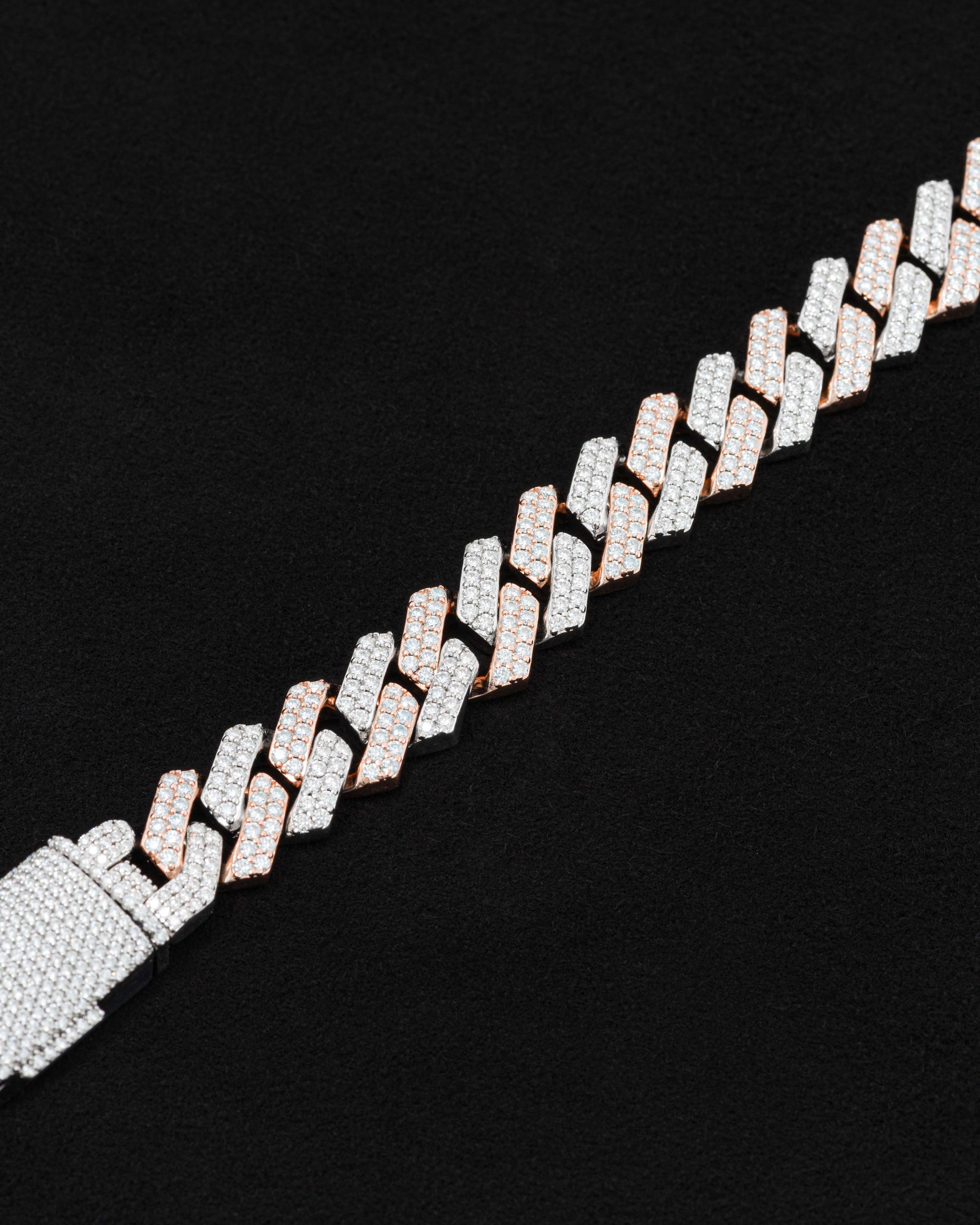 detail of 18 carats white and rose solid gold and silver bracelet with natural diamonds and moissanite diamonds