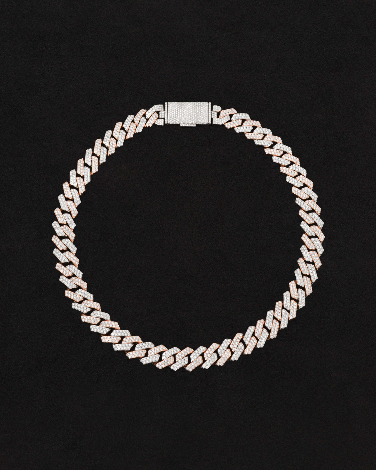 18 carats white and rose solid gold and silver necklace with natural diamonds and moissanite diamonds