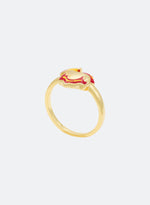 yellow gold coated heart ring with red-yellow hand painted enamel