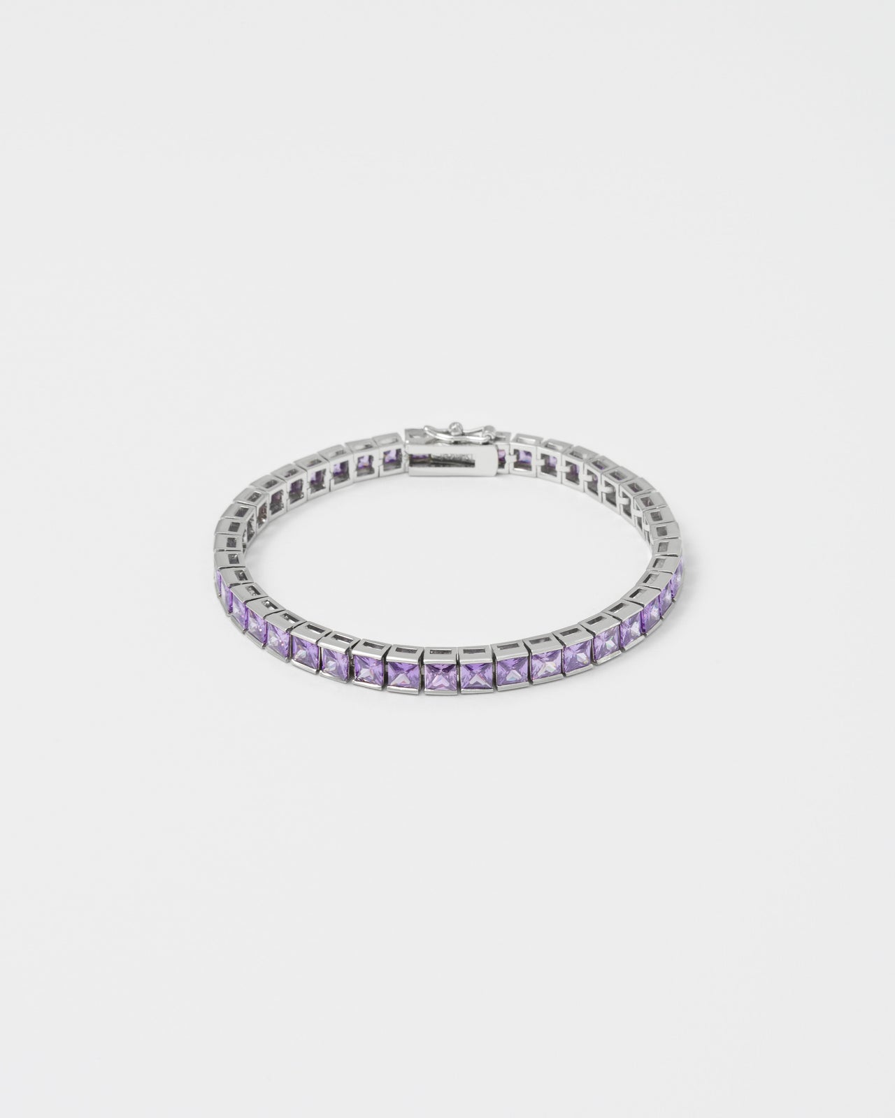 18k white gold coated tennis chain bracelet with hand-set princess-cut amethyst stones