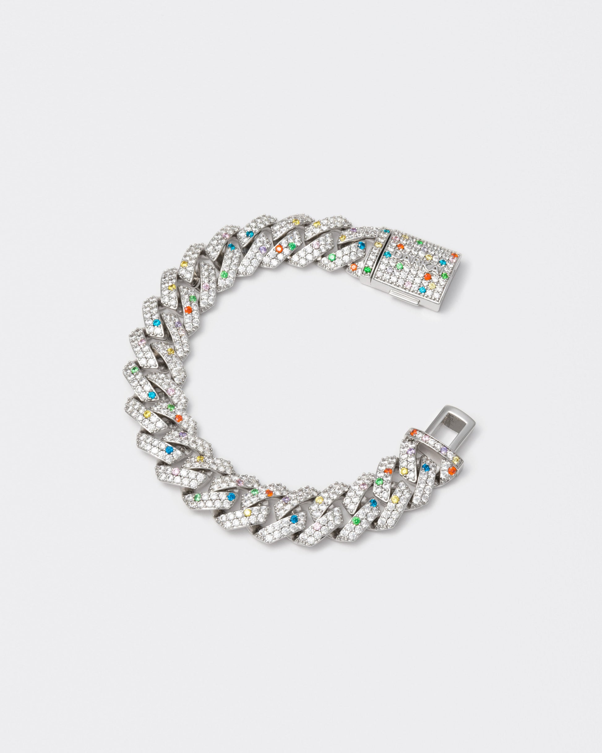 18k white gold coated prong chain bracelet with hand-set micropavé stones in white, violet, orange red, green, golden yellow and topaz blue