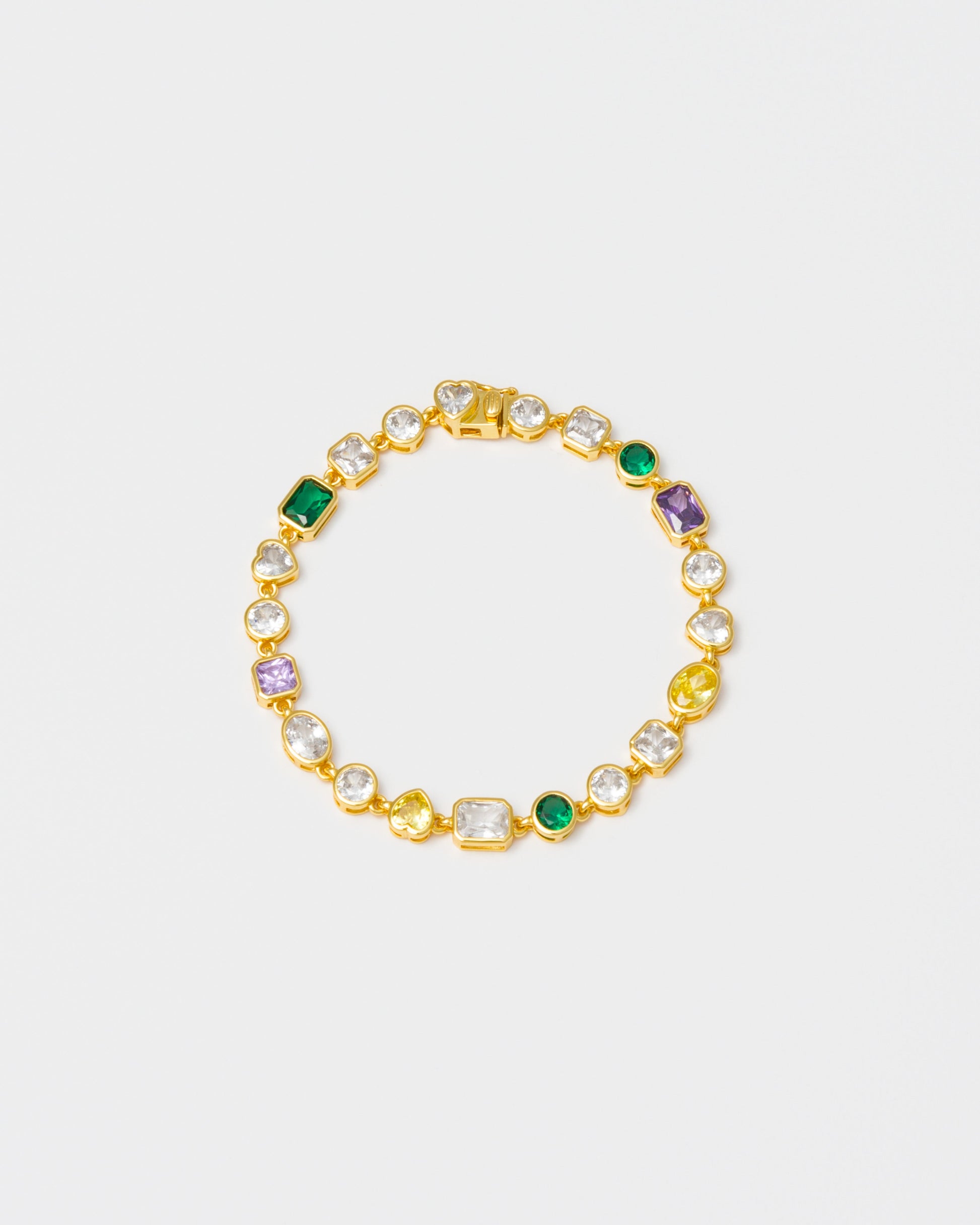 18k yellow gold coated mixed bezels chain bracelet with hand-set stones in different shapes and colors. Mix of rectangular, square, round and heart-shaped stones in white, amethyst, emerald green and golden yellow