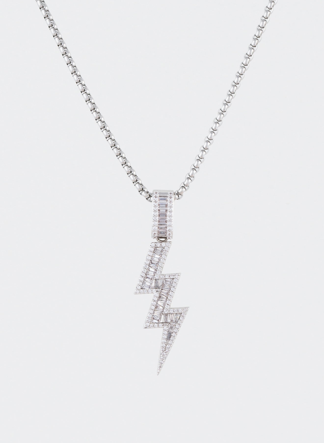 18k white gold coated thunder pendant necklace with hand-set micropavé and baguette-cut stones in white