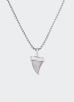 18k white gold coated shark tooth pendant necklace with hand-set micropavé and baguette-cut stones in white, engraved logo and 3mm box chain