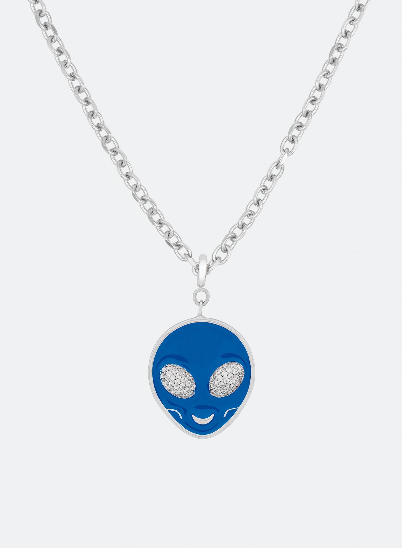 18k white gold coated alien pendant necklace with hand-set micropavé stones in white on blue hand painted glow in the dark alien pendant and 3mm rolo chain