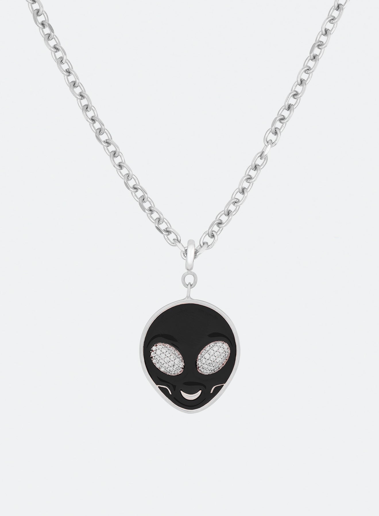 18k white gold coated alien pendant necklace with hand-set micropavé stones in white on black hand painted alien pendant and 3mm rolo chain