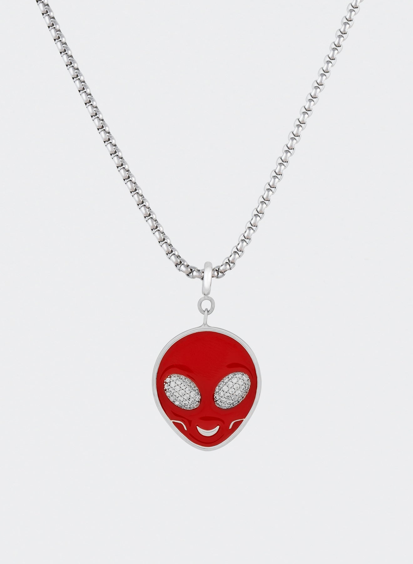 18k white gold coated alien pendant necklace with hand-set micropavé stones in white on red hand painted glow in the dark alien pendant and 3mm rolo chain