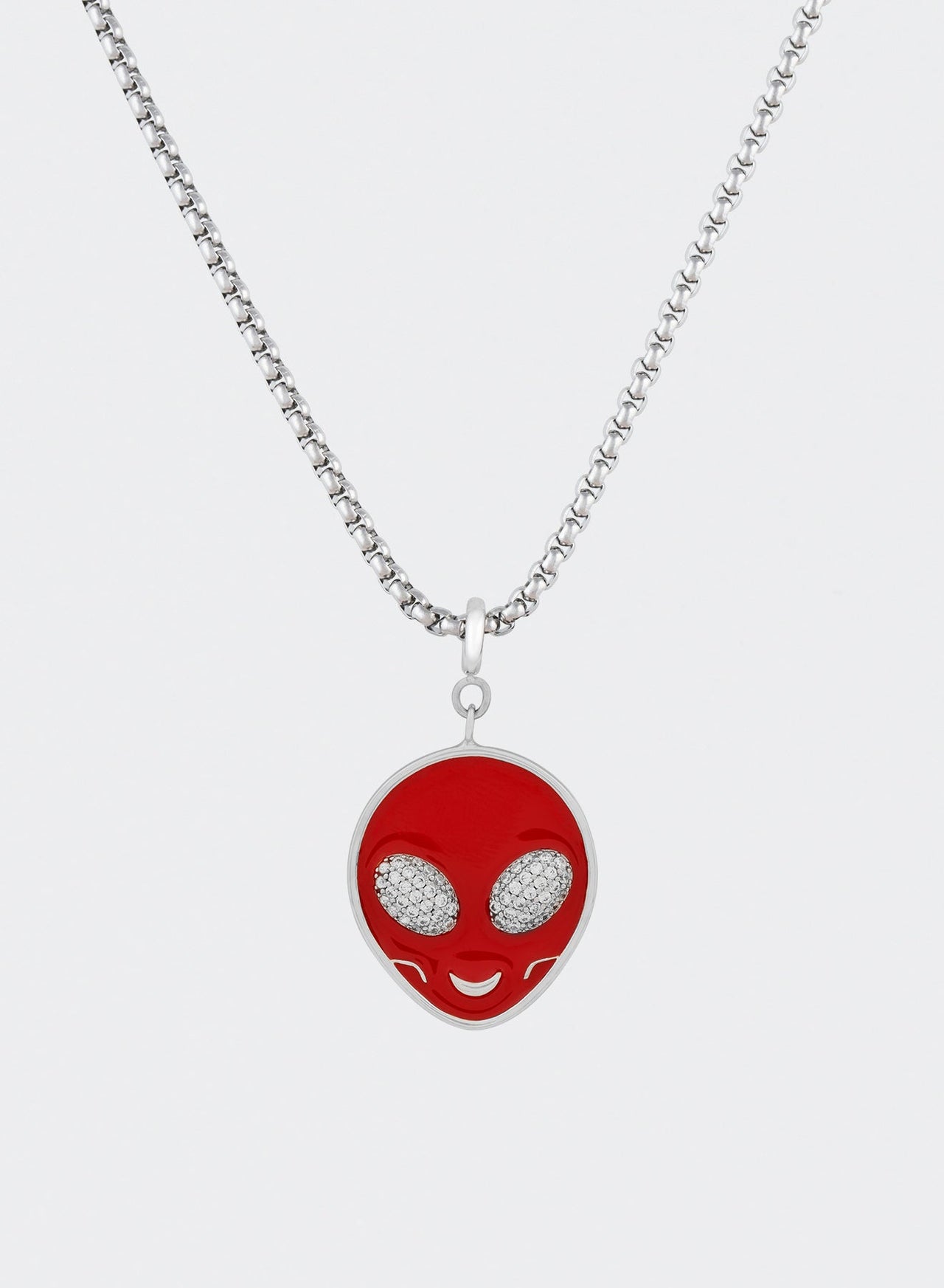 18k white gold coated alien pendant necklace with hand-set micropavé stones in white on red hand painted glow in the dark alien pendant and 3mm rolo chain