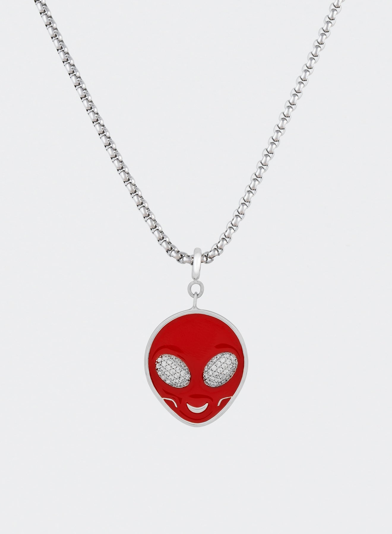 18k white gold coated alien pendant necklace with hand-set micropavé stones in white on red hand painted glow in the dark alien pendant and 3mm rolo chain
