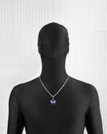 18k white gold coated alien pendant necklace with hand-set micropavé stones in white on purple hand painted glow in the dark alien pendant and 3mm rolo chain