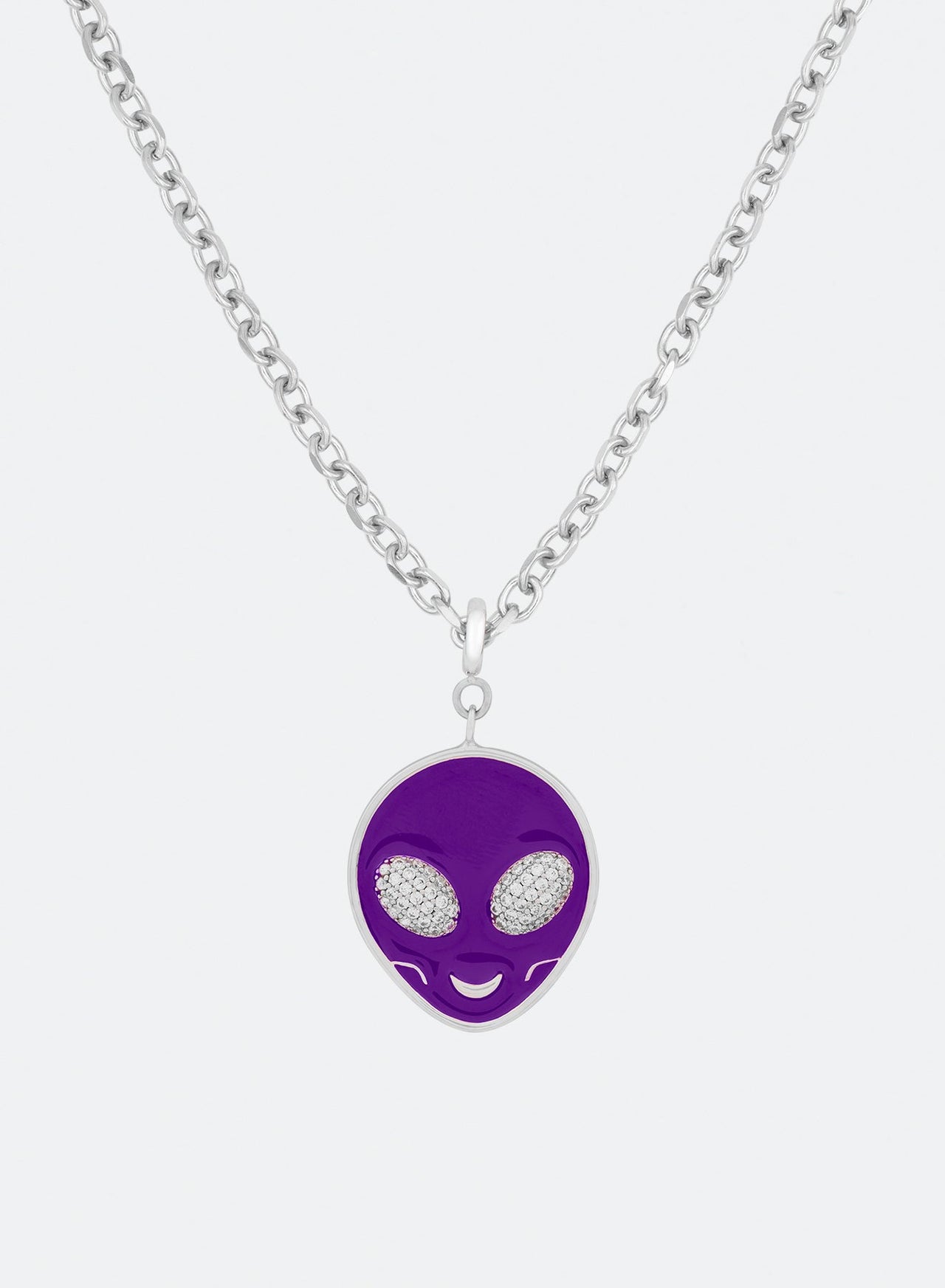 18k white gold coated alien pendant necklace with hand-set micropavé stones in white on purple hand painted glow in the dark alien pendant and 3mm rolo chain
