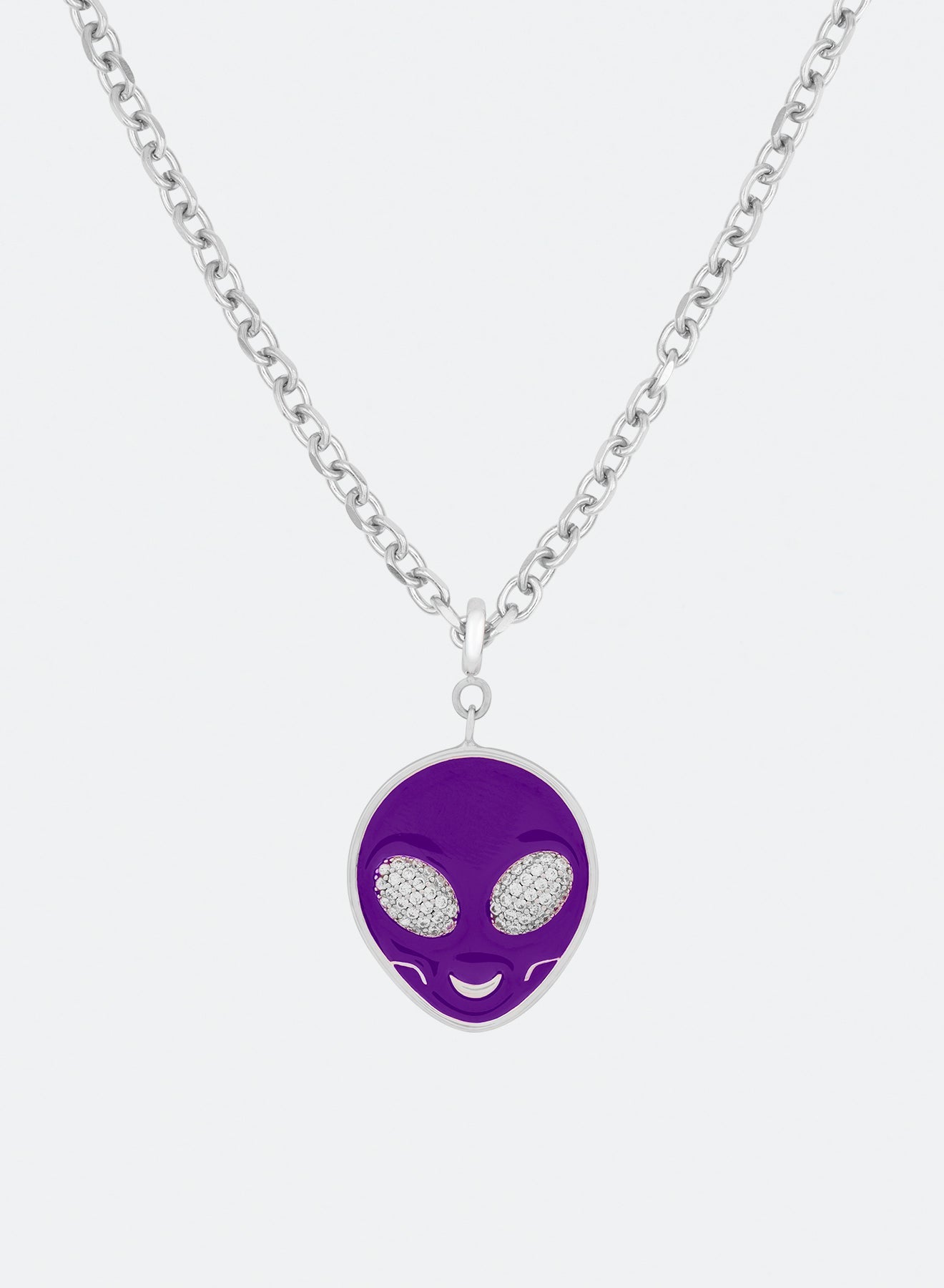 18k white gold coated alien pendant necklace with hand-set micropavé stones in white on purple hand painted glow in the dark alien pendant and 3mm rolo chain