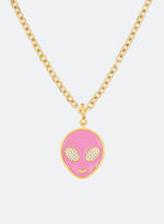 18k yellow gold coated alien pendant necklace with hand-set micropavé stones in pink hand painted glow in the dark alien pendant and 3mm rolo chain