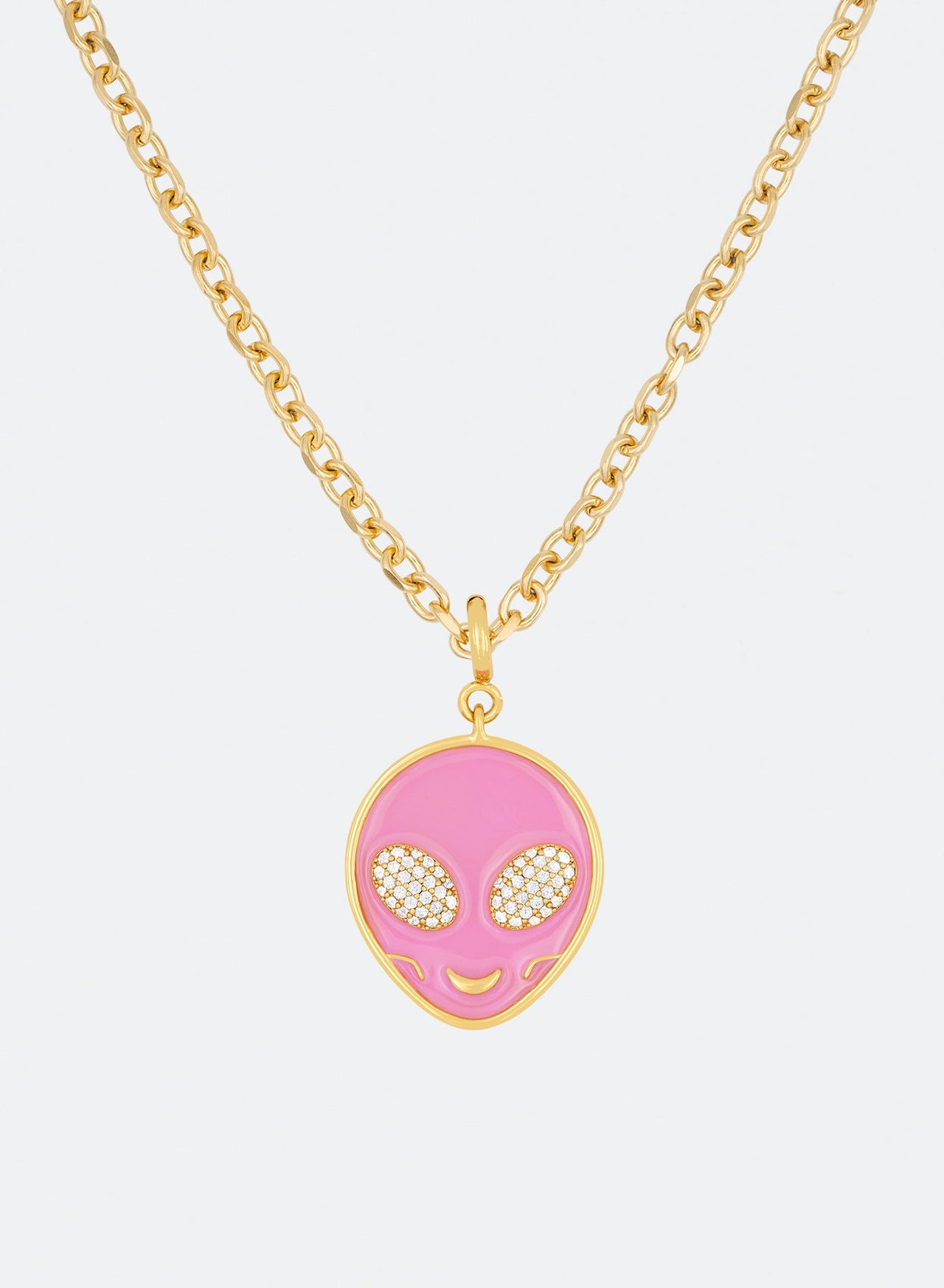 18k yellow gold coated alien pendant necklace with hand-set micropavé stones in pink hand painted glow in the dark alien pendant and 3mm rolo chain