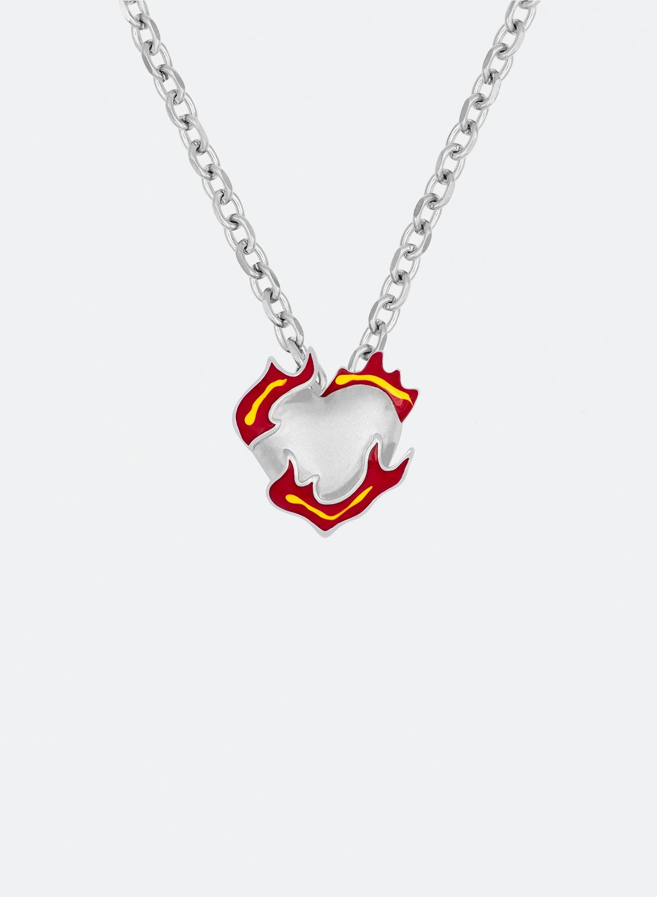 18k white gold coated heart pendant necklace with red-yellow hand painted enamel and satined finishing