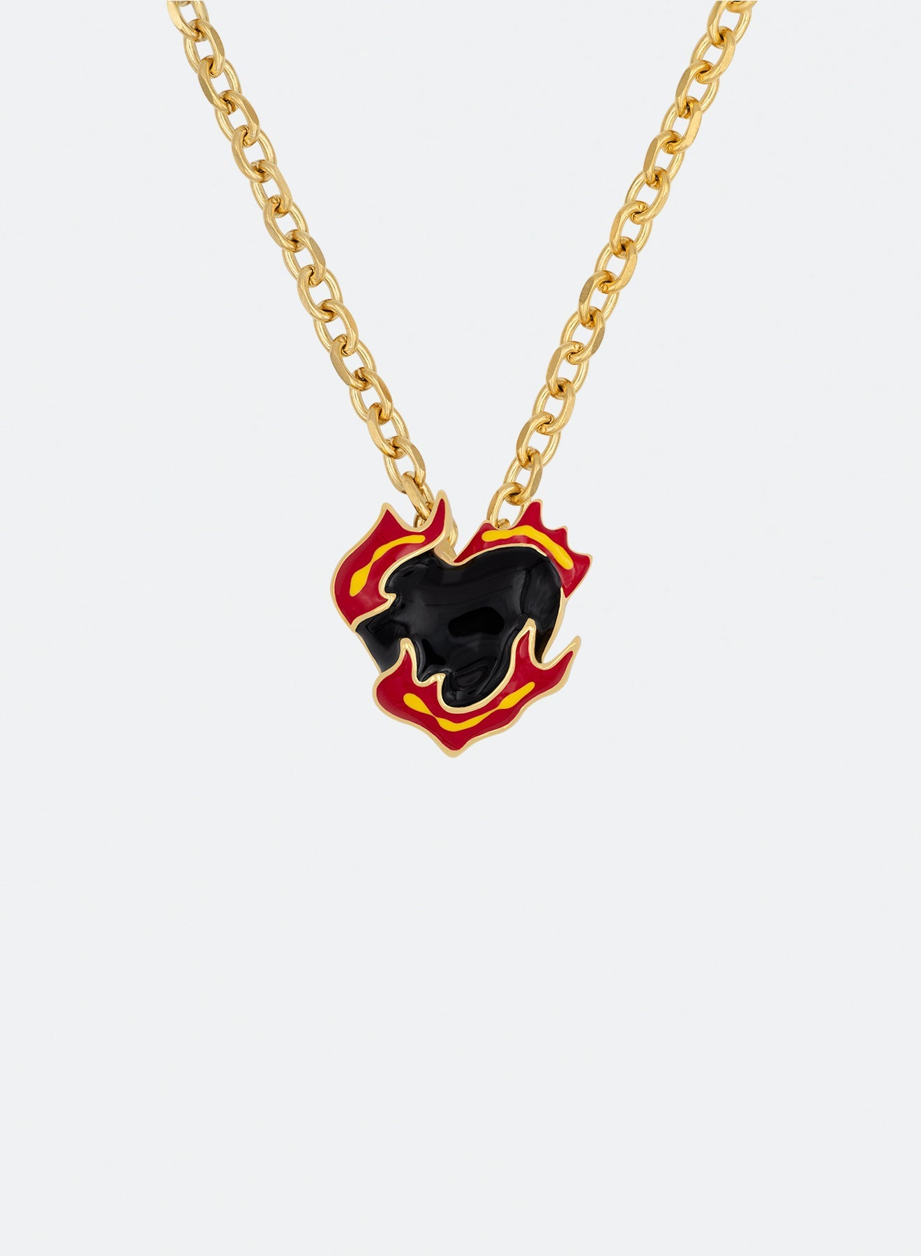 18k yellow gold coated heart pendant necklace with black and red-yellow hand painted enamels