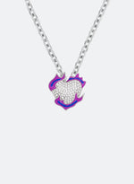 18k white gold coated heart pendant necklace with hand-set micropavè stones in white and purple-blue hand painted enamel
