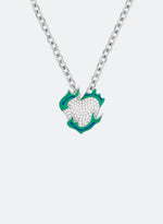 18k white gold coated heart pendant necklace with hand-set micropavè stones in white and green-blue hand painted enamel