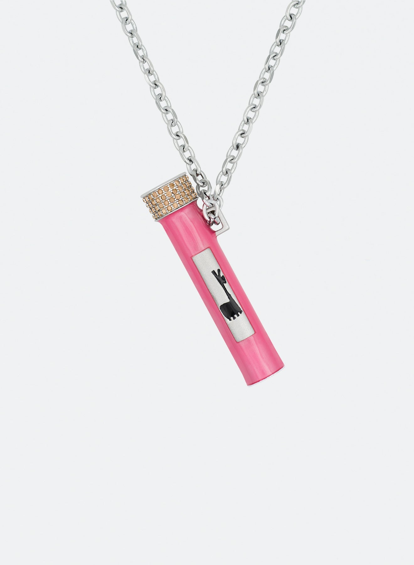 18k white gold coated vial pendant necklace with hand-set micropavé stones in coffee, pink enamel and black enamel llama with 3mm rolo chain