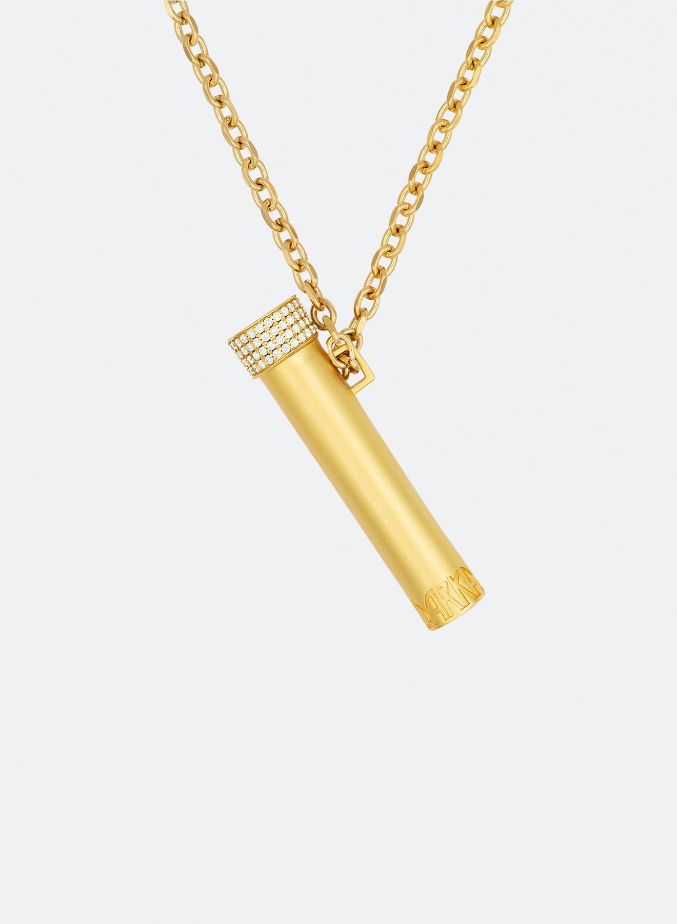 18k yellow gold coated vial pendant necklace with hand-set micropavé stones in white, matte/satined finishing and 3mm rolo chain