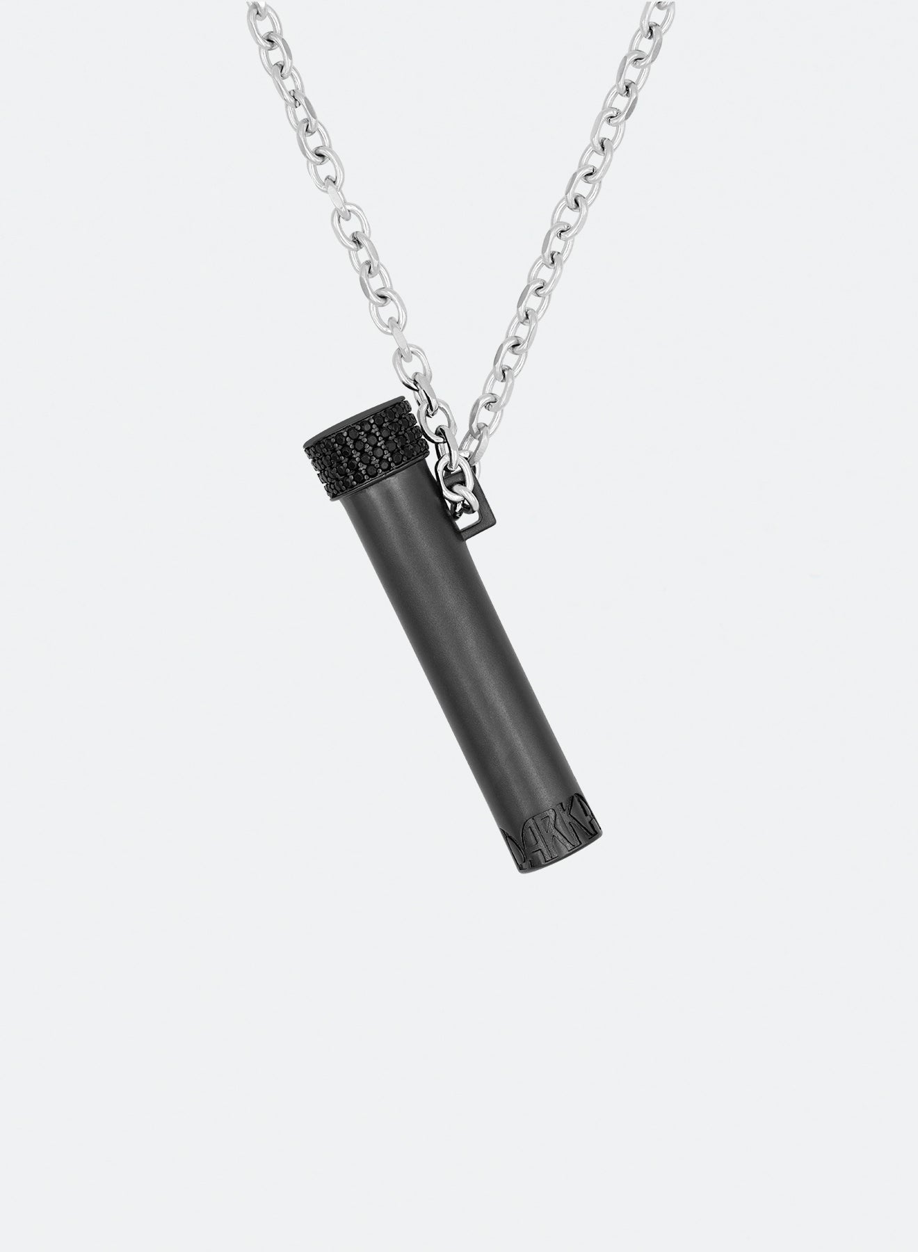 Black PVD coated vial pendant necklace with hand-set micropavé stones in black, matte/satined finishing and 3mm rolo chain
