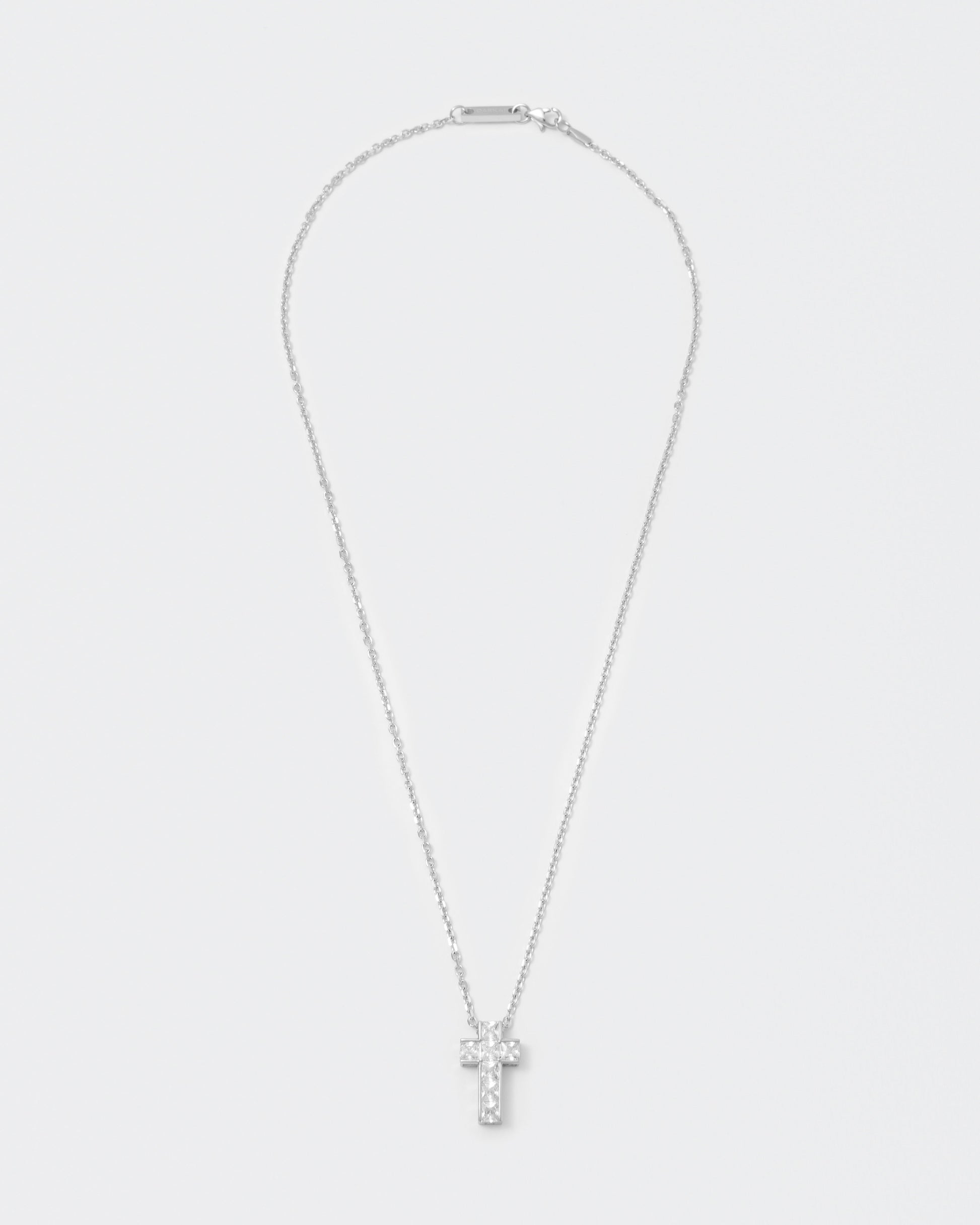 18k white gold coated cross pendant necklace with hand-set princess-cut stones in white and 3mm box chain