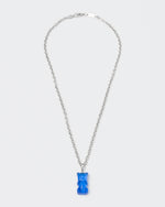 18k white gold coated gummy bear pendant necklace with 3D cut sandblasted crystal in blue and 3mm rolo chain