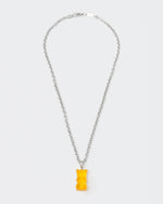 18k white gold coated gummy bear pendant necklace with 3D cut sandblasted crystal in yellow and 3mm rolo chain