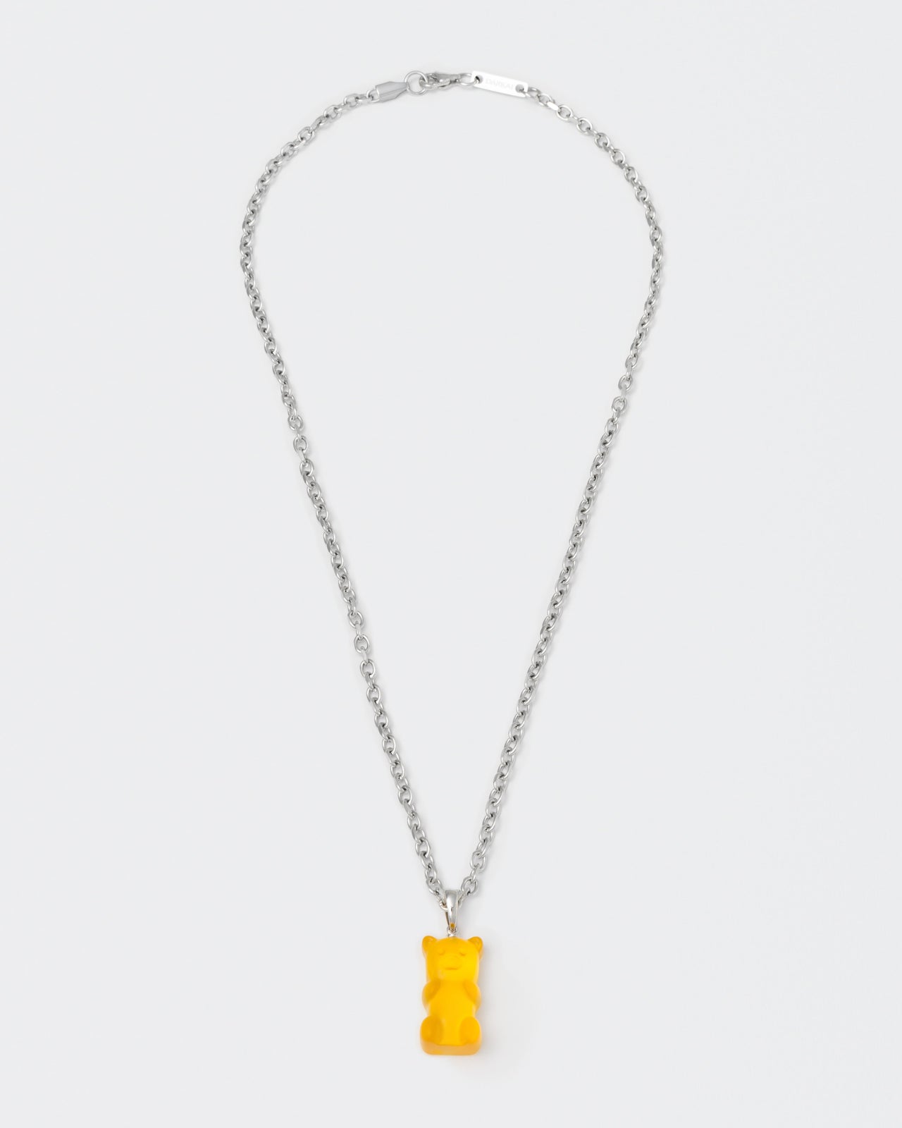 18k white gold coated gummy bear pendant necklace with 3D cut sandblasted crystal in yellow and 3mm rolo chain