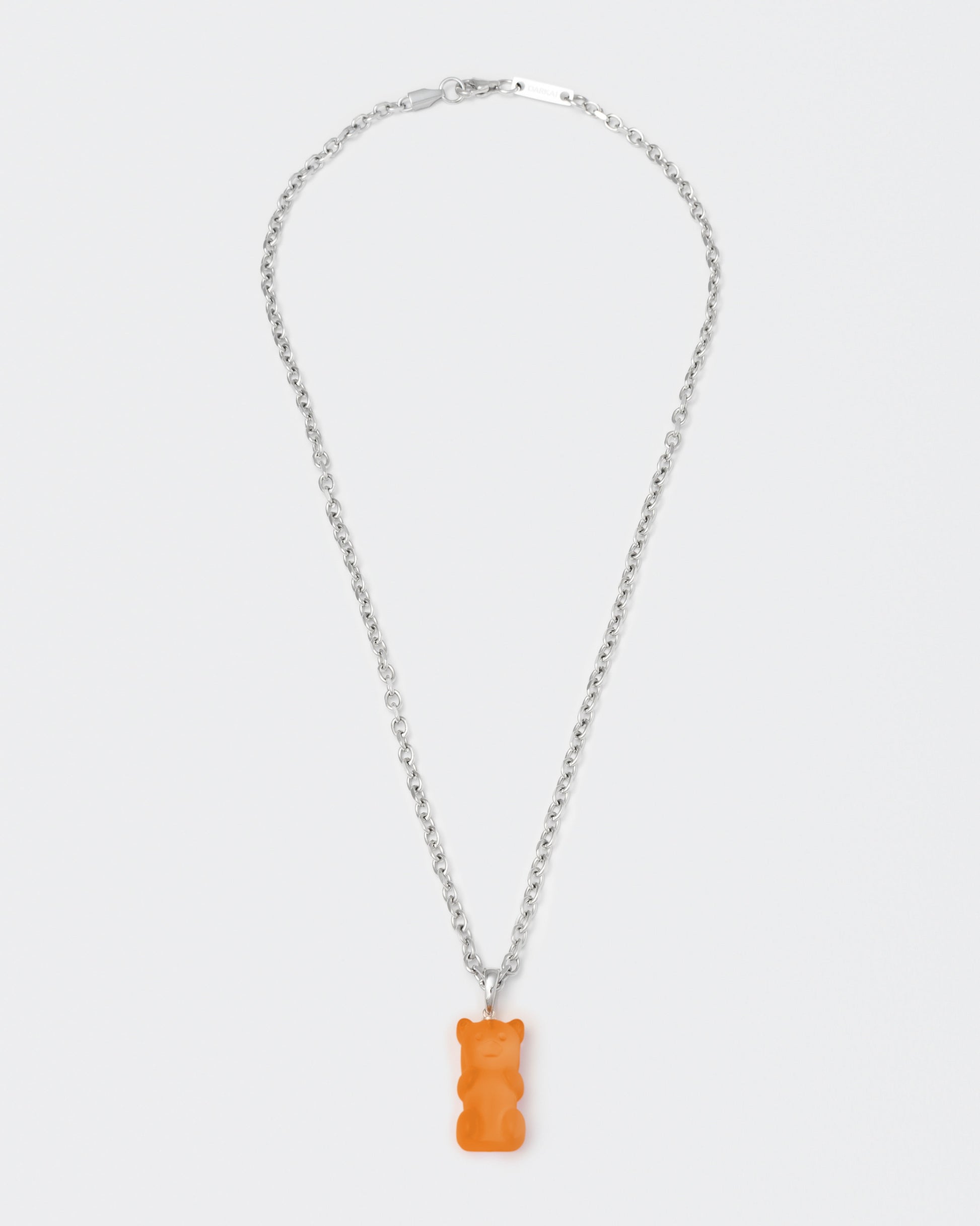 18k white gold coated gummy bear pendant necklace with 3D cut sandblasted crystal in orange and 3mm rolo chain