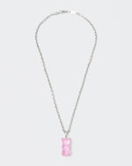 18k white gold coated gummy bear pendant necklace with 3D cut sandblasted crystal in pink and 3mm rolo chain