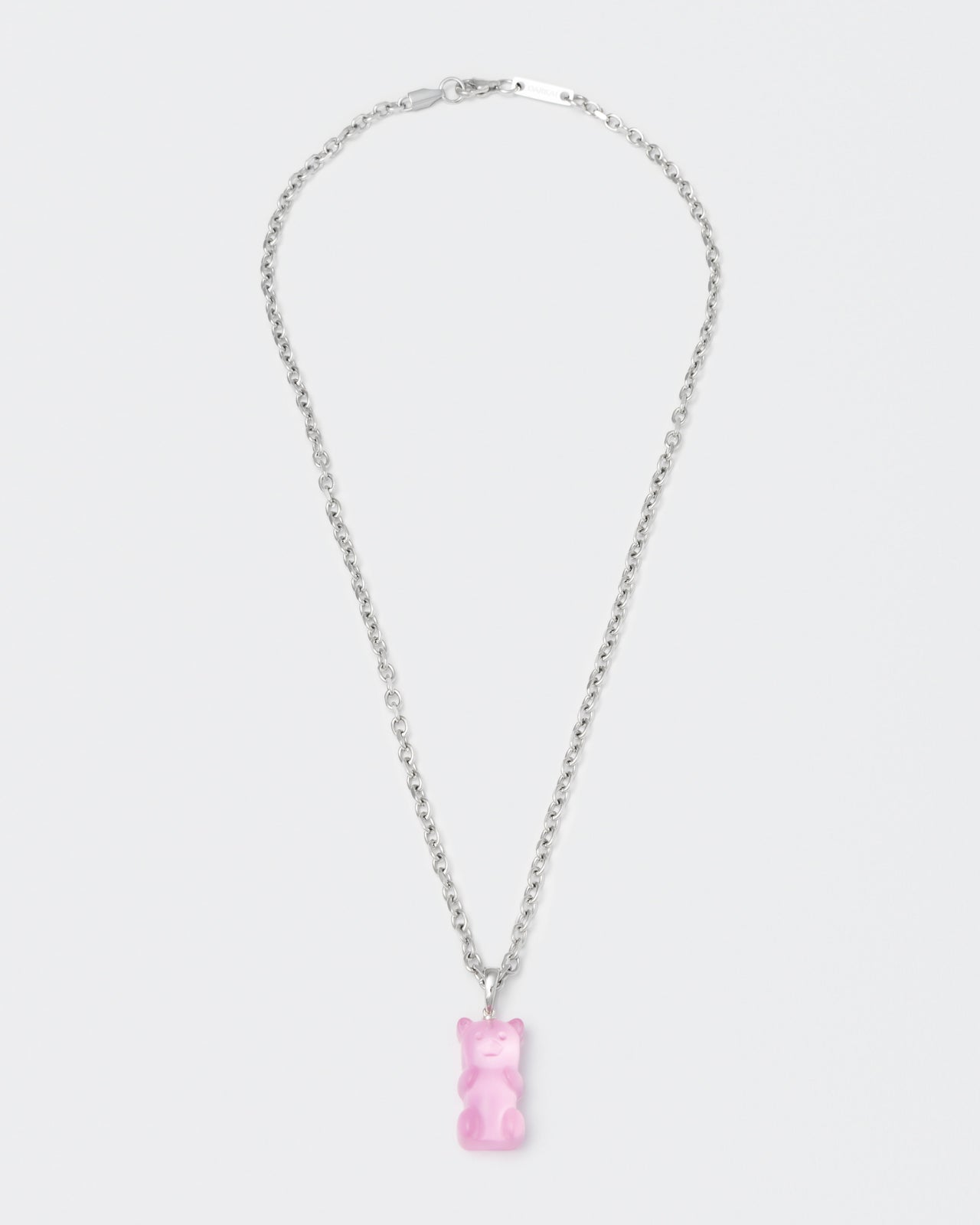 18k white gold coated gummy bear pendant necklace with 3D cut sandblasted crystal in pink and 3mm rolo chain