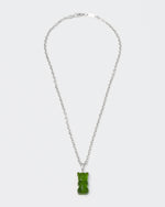 8k white gold coated gummy bear pendant necklace with 3D cut sandblasted crystal in green and 3mm rolo chain