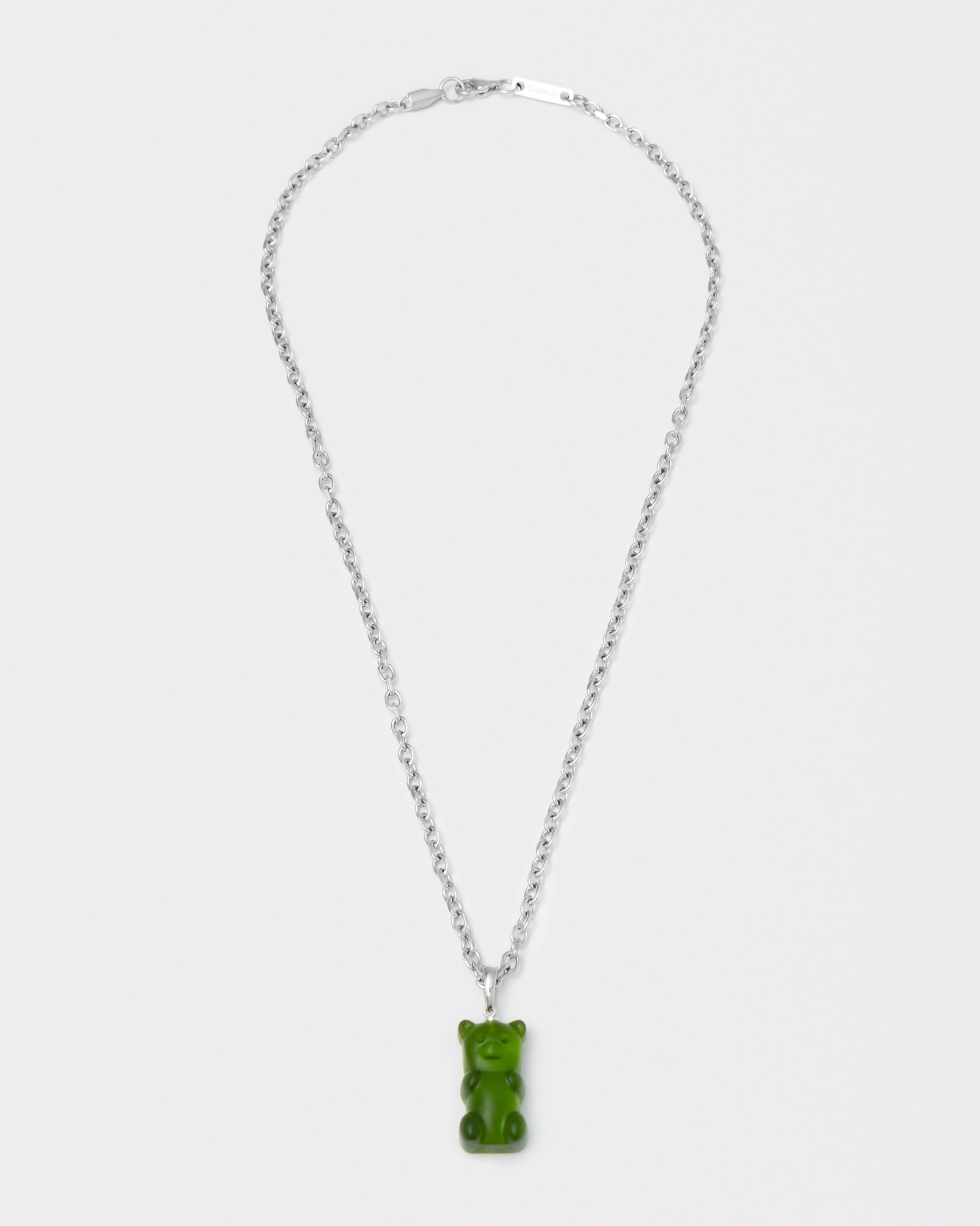 8k white gold coated gummy bear pendant necklace with 3D cut sandblasted crystal in green and 3mm rolo chain