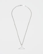Hanger pendant necklace with 18kt white gold coating and lasered logo and details.