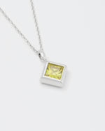 detail of via savona pendant necklace with 18kt white gold coating rhombus shaped princess-cut stone in olive