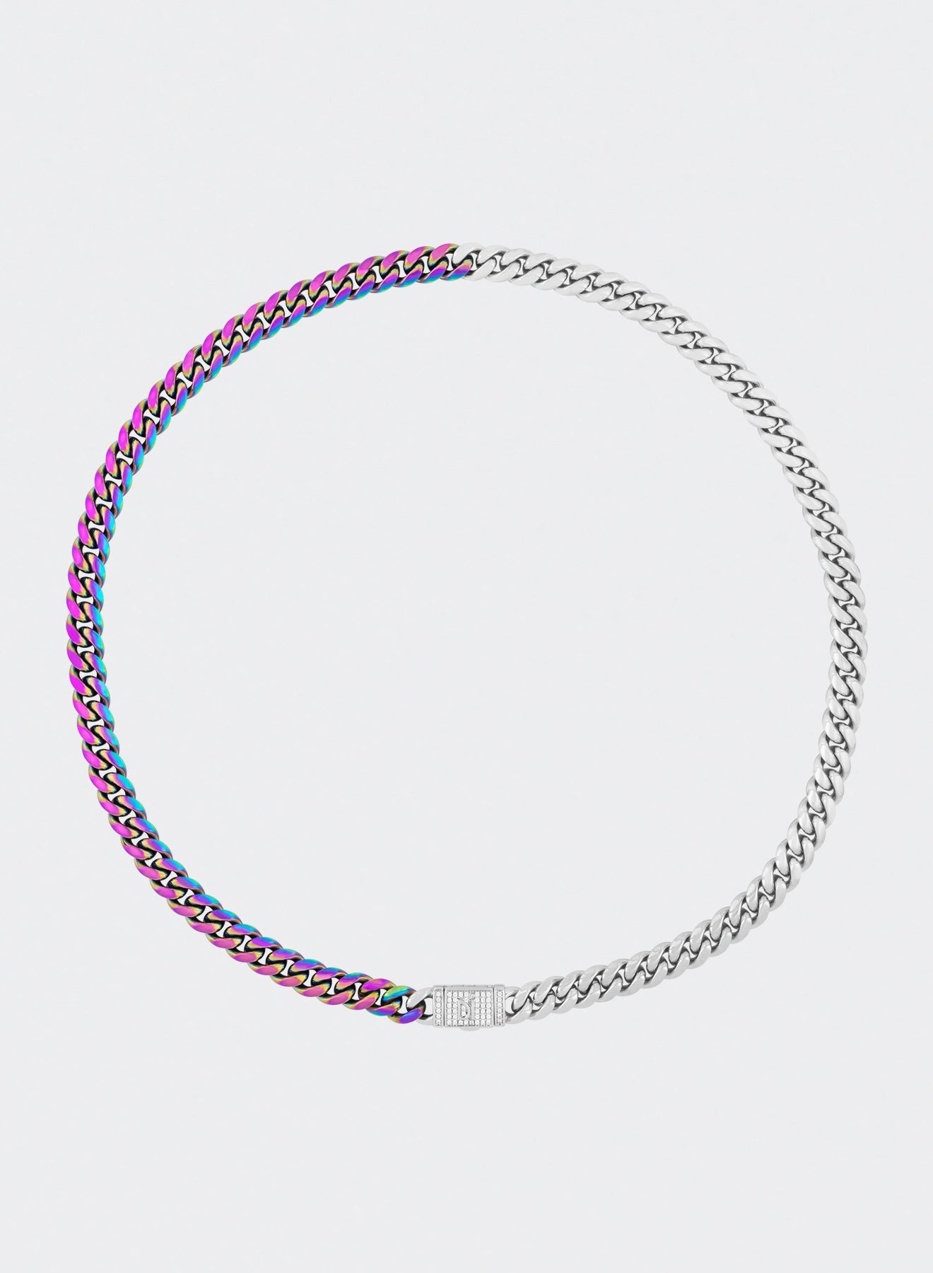 18k white gold and rainbow coated cuban chain necklace with hand-set micropavé stones in white