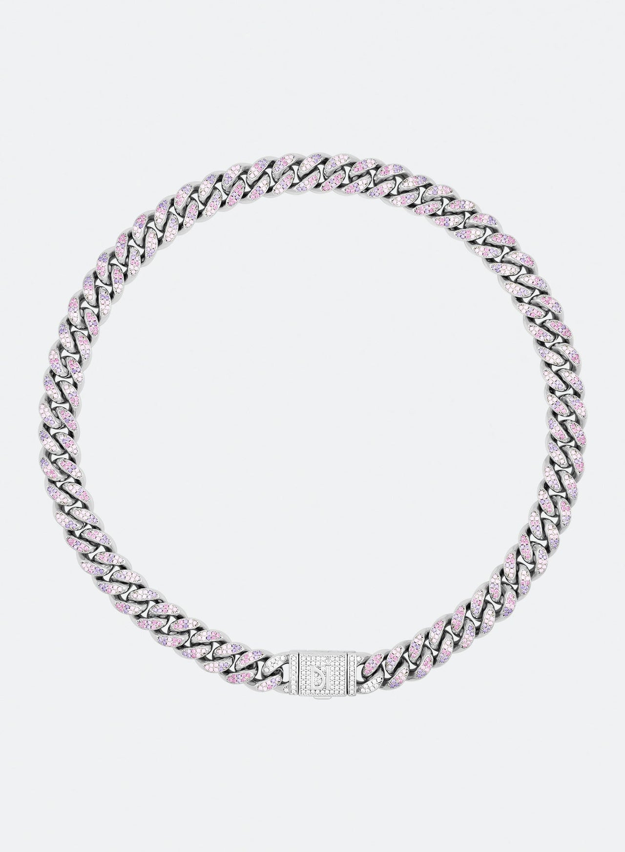 18k white gold coated cuban chain necklace with hand-set micropavé stones in white, purple, morganite and pink