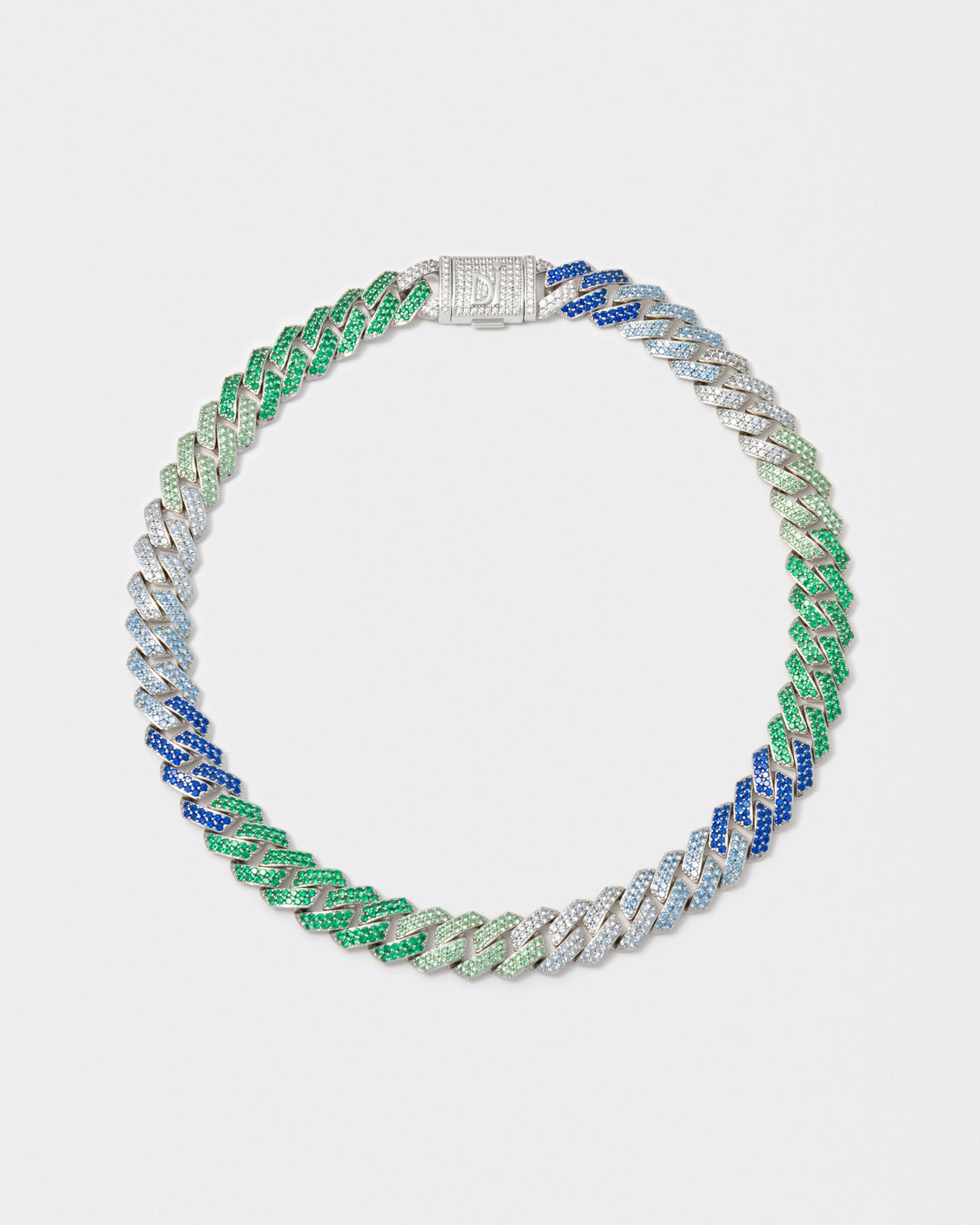 18k white gold coated prong chain necklace with hand-set micropavé stones in gradient white, brazil green, green, aquamarine, tanzanite and sapphire blue