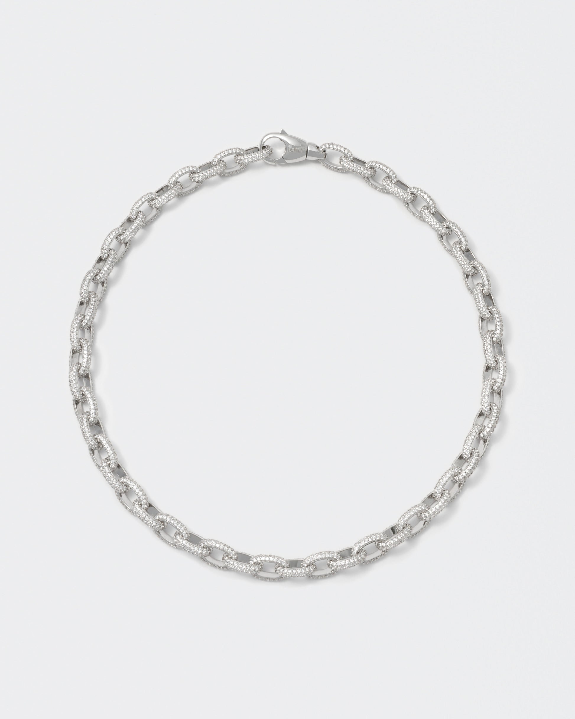 18k white gold coated rolo chain necklace with all-around hand-set micropavé stones in white