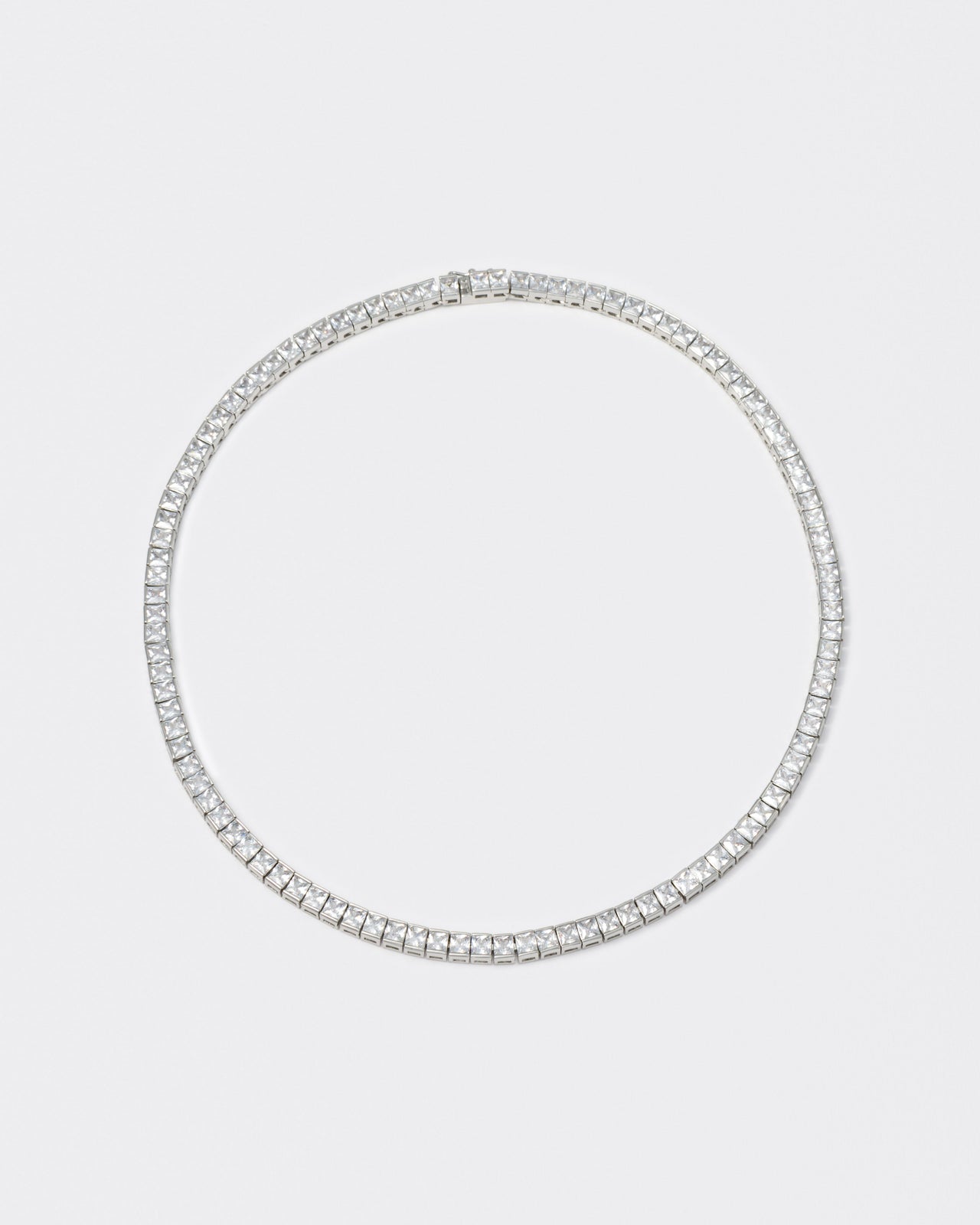 18k white gold coated tennis chain necklace with hand-set princess-cut stones in white