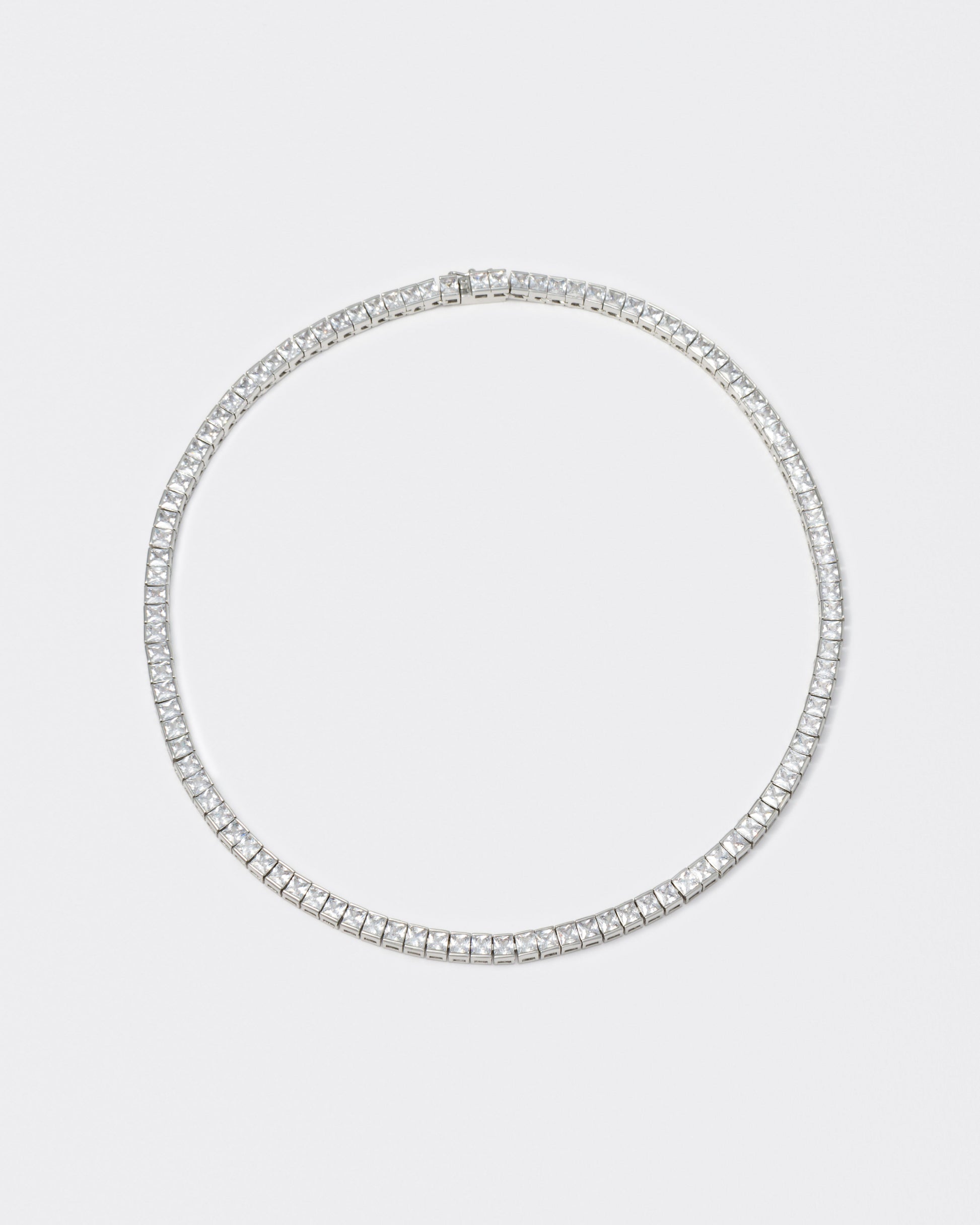 18k white gold coated tennis chain necklace with hand-set princess-cut stones in white